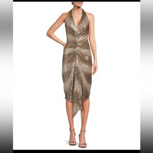 Badgley Mischka Belle Julia Sequin Ruched Ombre Halter Neck Drape Front Dress